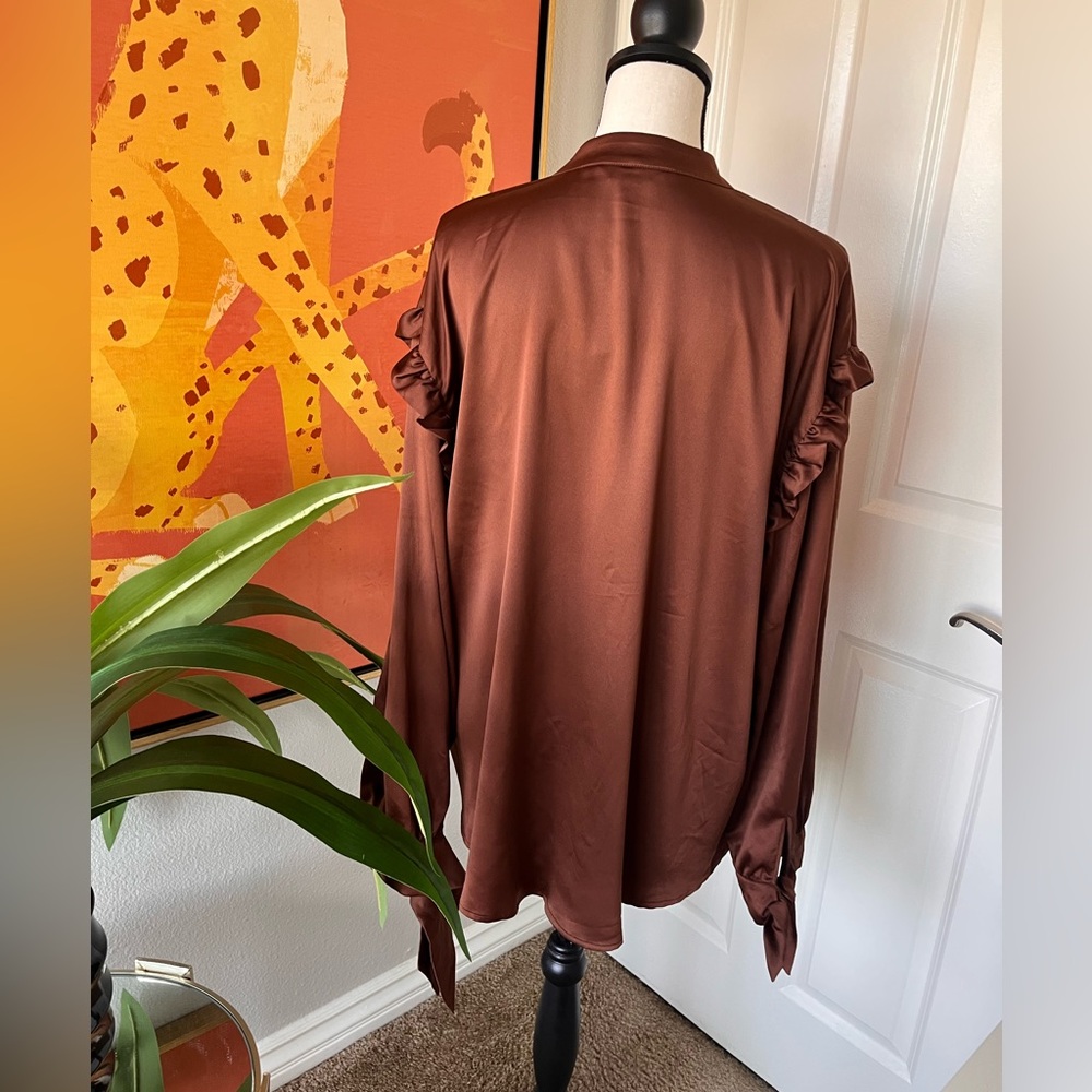 Express Brown Long Sleeve Satin Blouse Size L Ruffles Bow Ties NWT - Picture 6 of 9